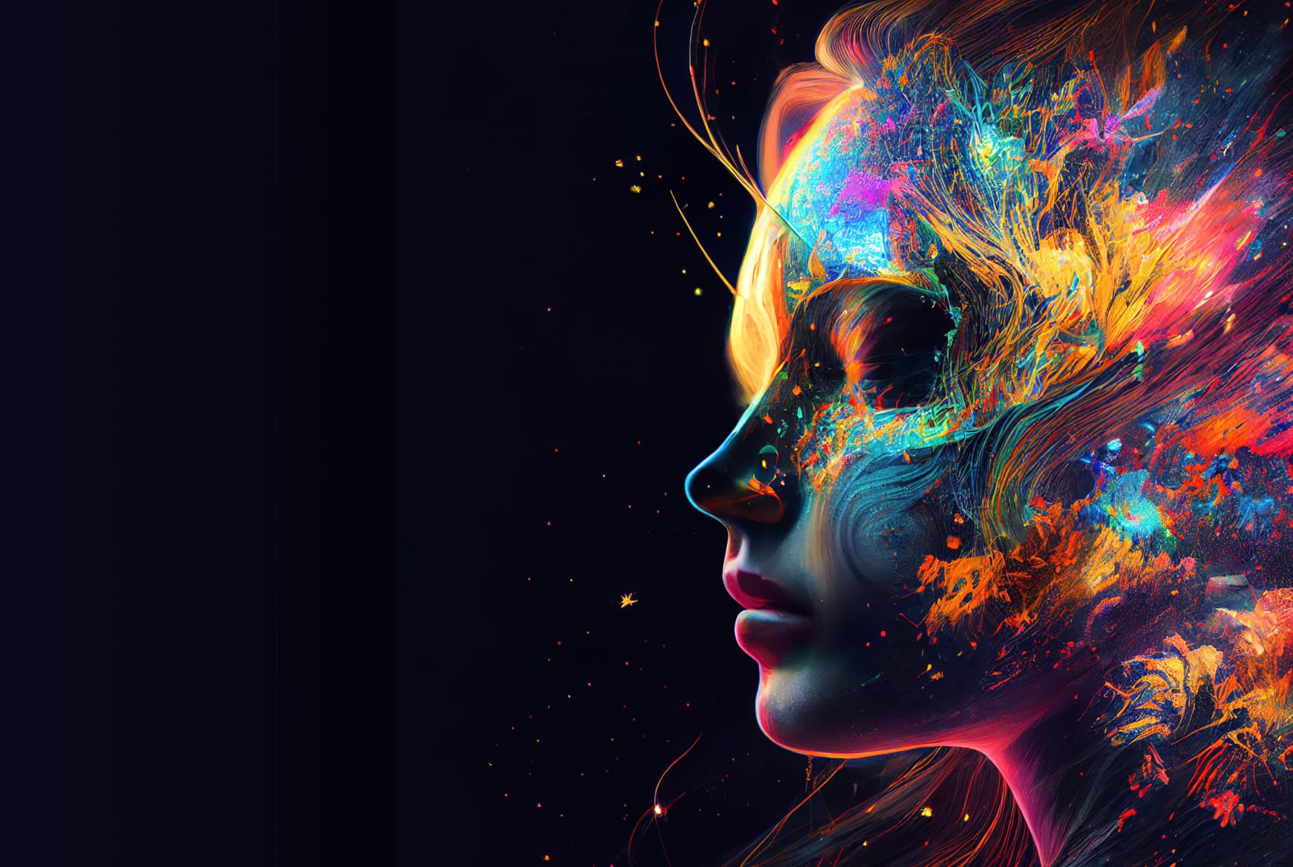 ภาพที่สร้างด้วย AI แสดงศีรษะของผู้หญิงที่มีงานศิลปะนามธรรมสีสันสดใส