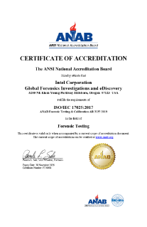 Global Forensics Investigations and eDiscovery ISO 17025:2017 Certificate of Accreditation